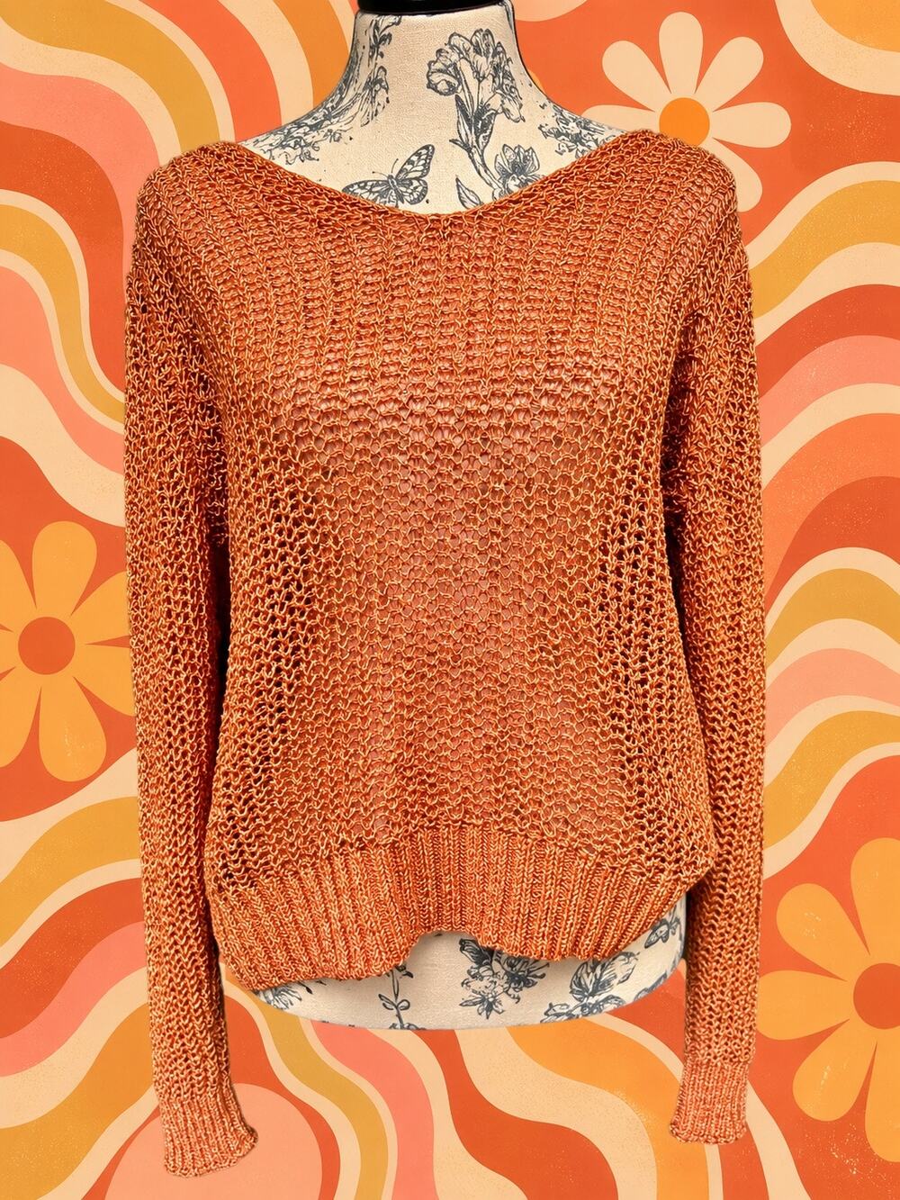 LOFT Small Copper Open Knit Sweater Metallic Look Slouchy V Neck